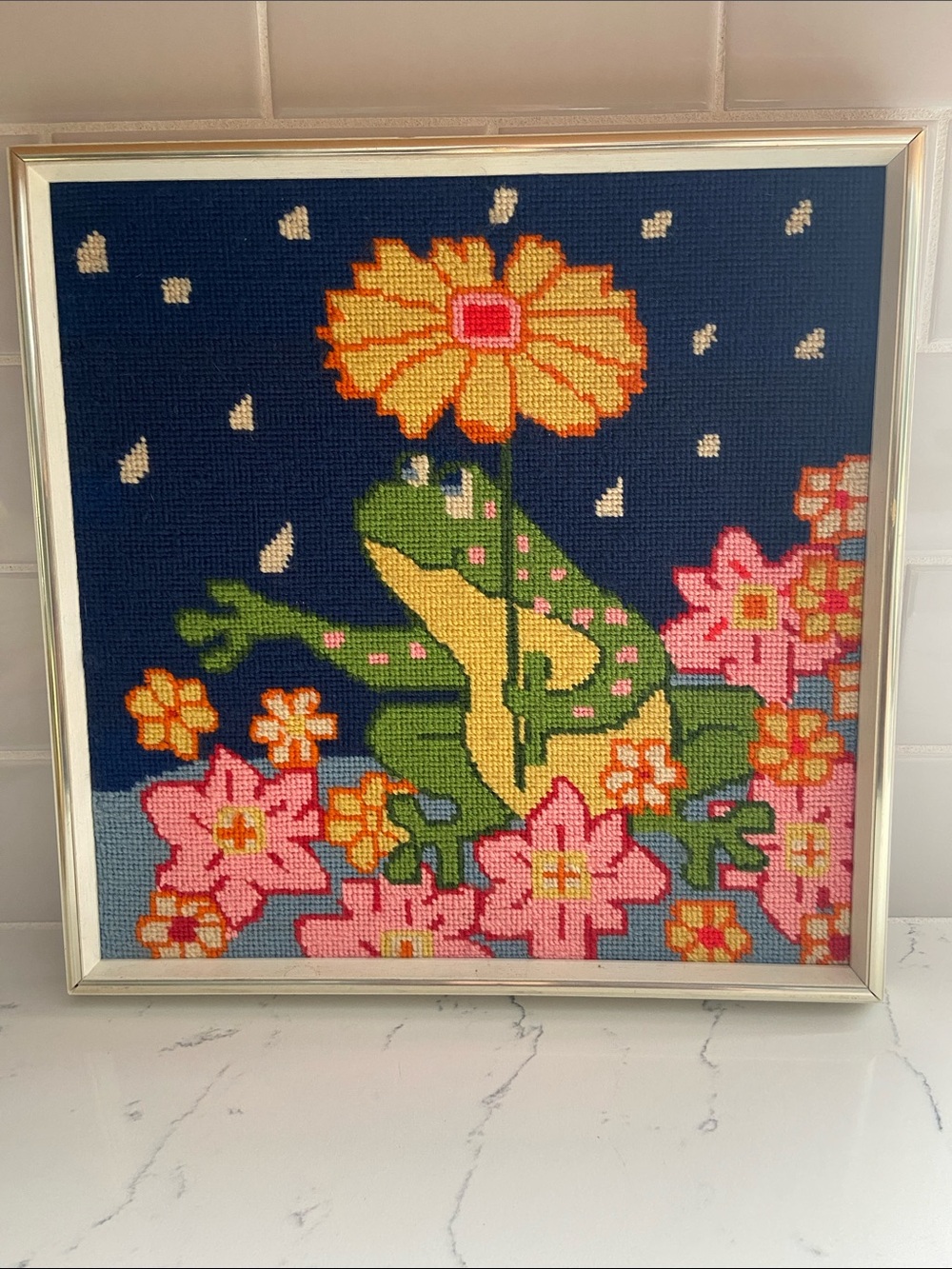 Vintage 1970s Needlepoint Frog Floral Framed Fiber Art